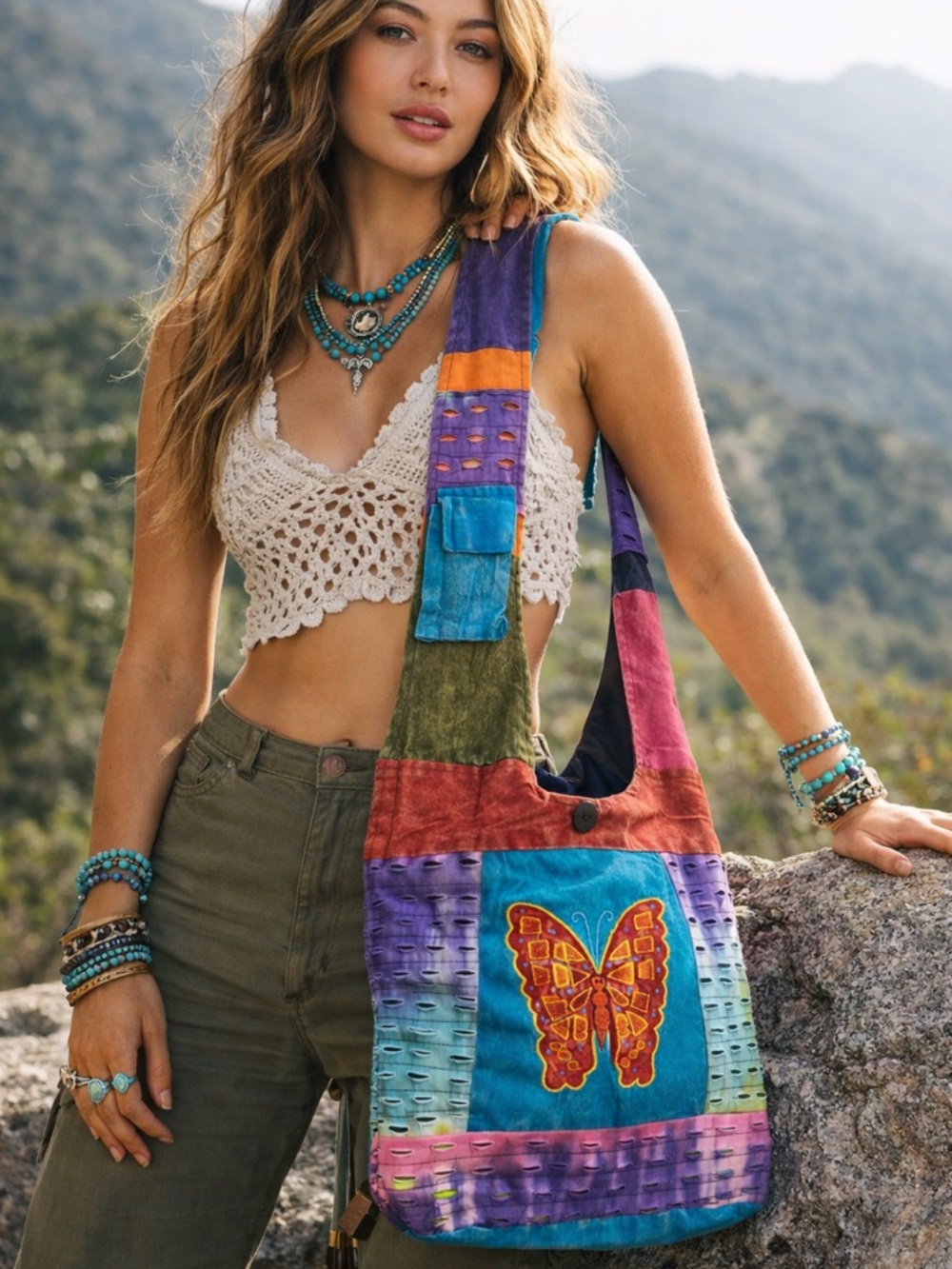 NWT Kathmandu Imports Butterfly Patchwork Crossbody Boho Bag 14.5”